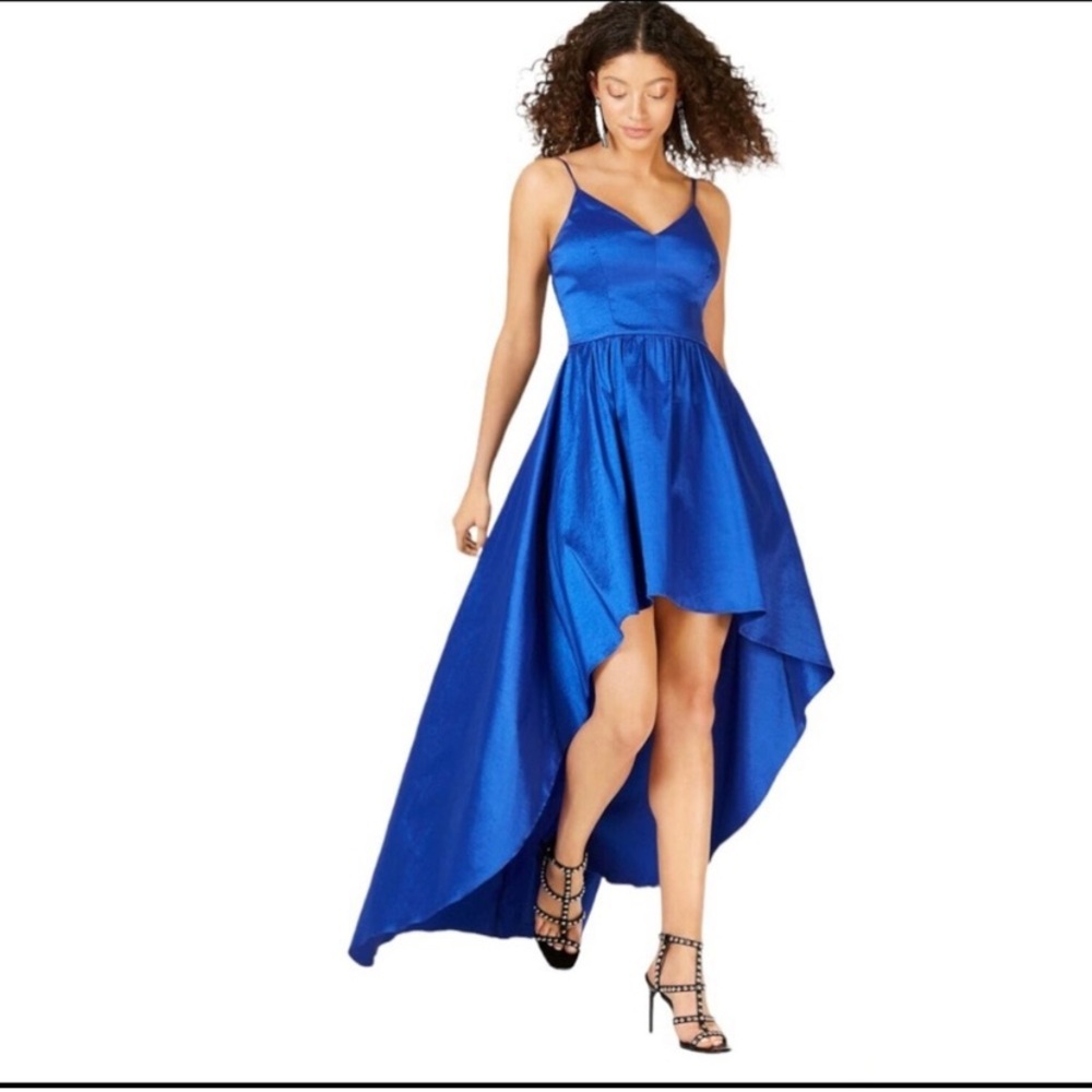 B Darlin Taffeta Stretch Shimmer Gown Royal Blue High Low Maxi Prom Party Dress